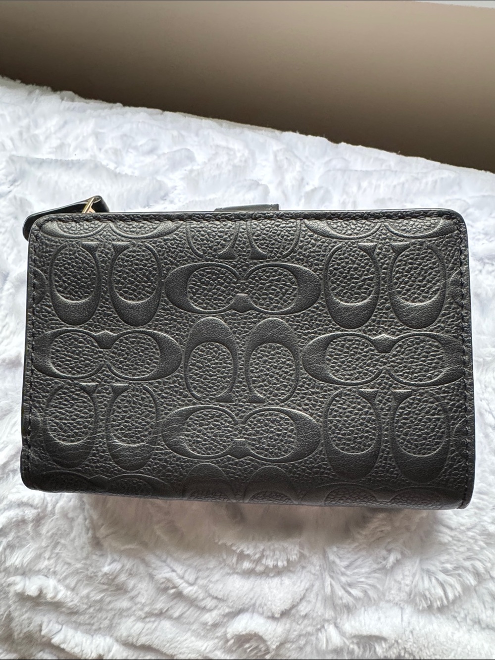 Coach Black Embossed Signature Compact Wallet with Gold Logo - Picture 3 of 4